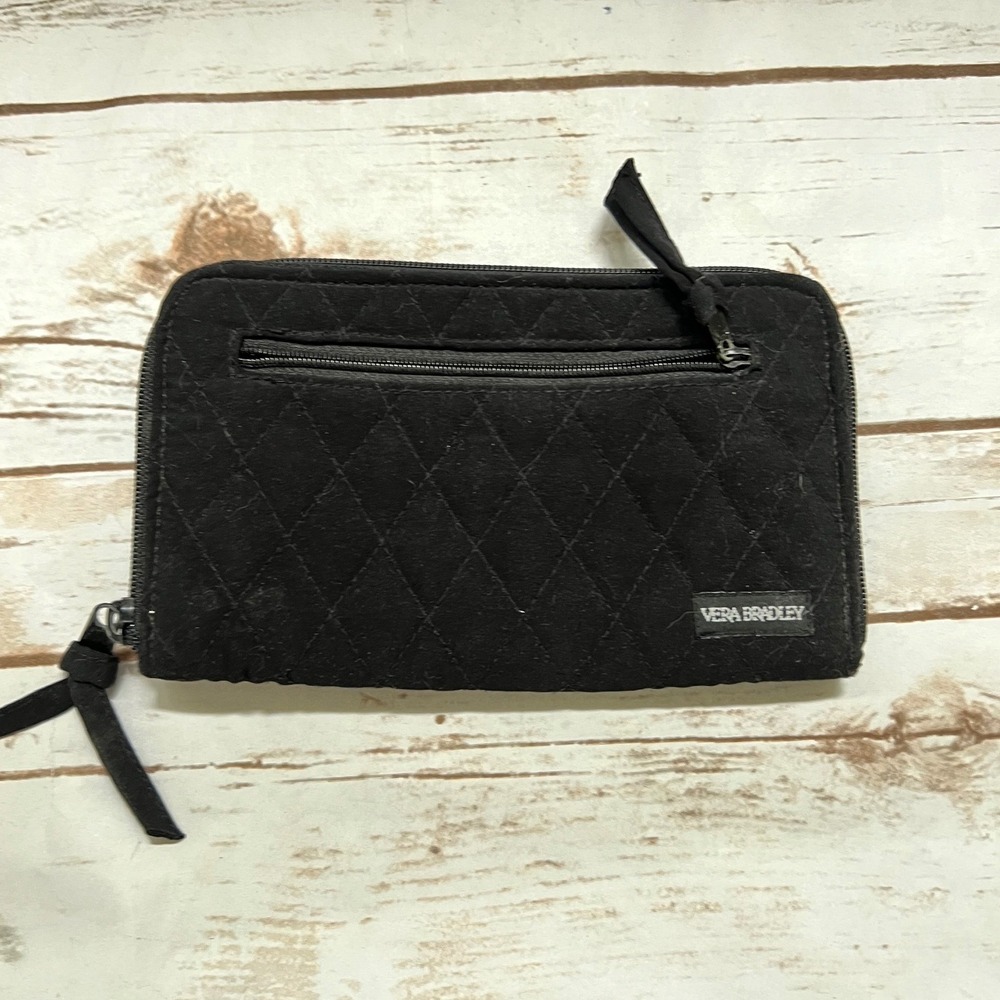 Vera Bradley Wallet Black Quilted Cotton Zip Around ID Window 8x4.5in - Picture 1 of 6